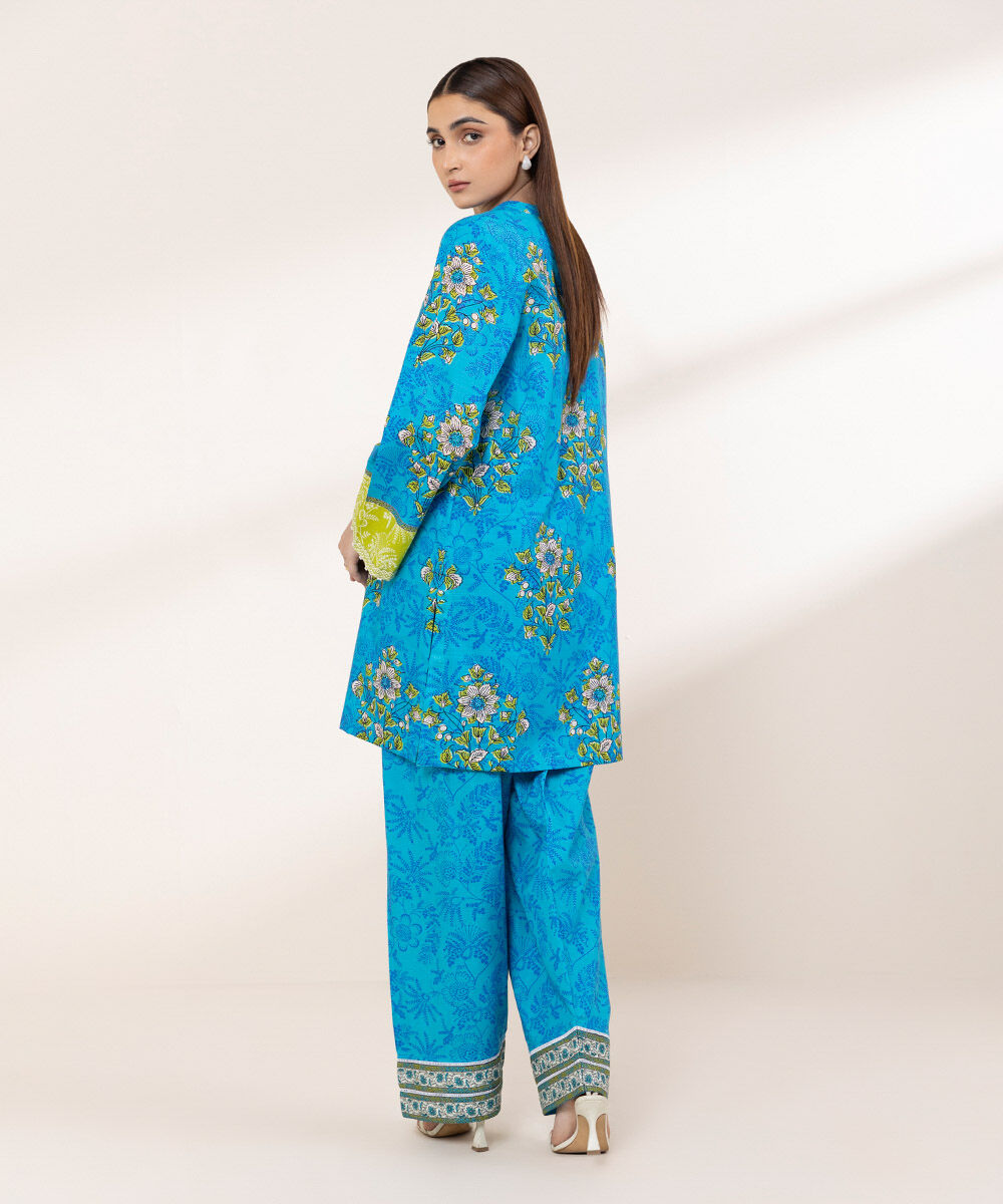 Women's RTW Textured Lawn Blue Printed A-Line Shirt