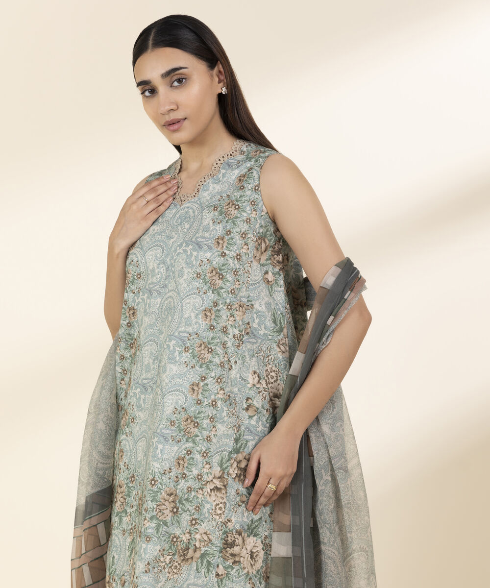 Unstitched Women's Blue Lawn 3 Piece Suit