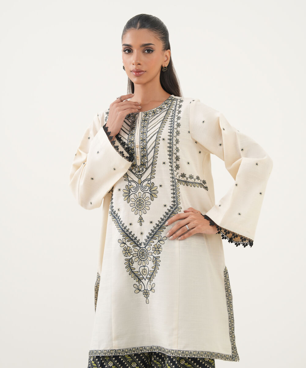 Women's RTW Cotton Embroidered A-Line Off White Shirt