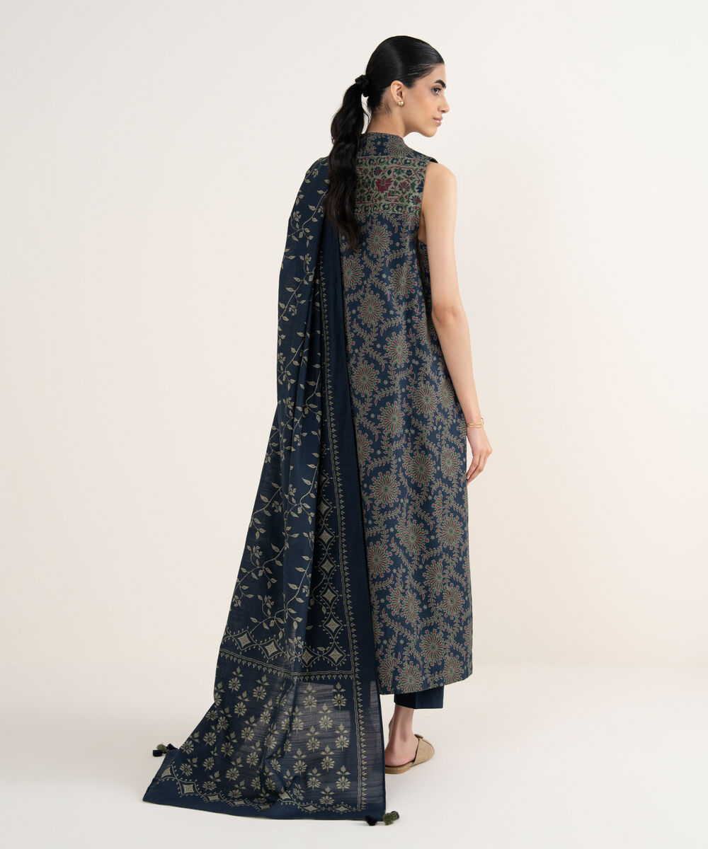 Women's Unstitched Printed Dobby Dark Blue 3 Piece Suit