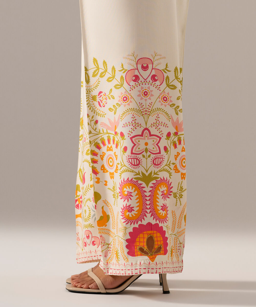 Women's RTW Arabic Cambric Printed Off White Straight Pants