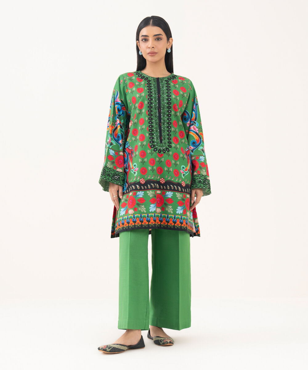 Women's RTW Light Khaddar Embroidered Green Straight Shirt