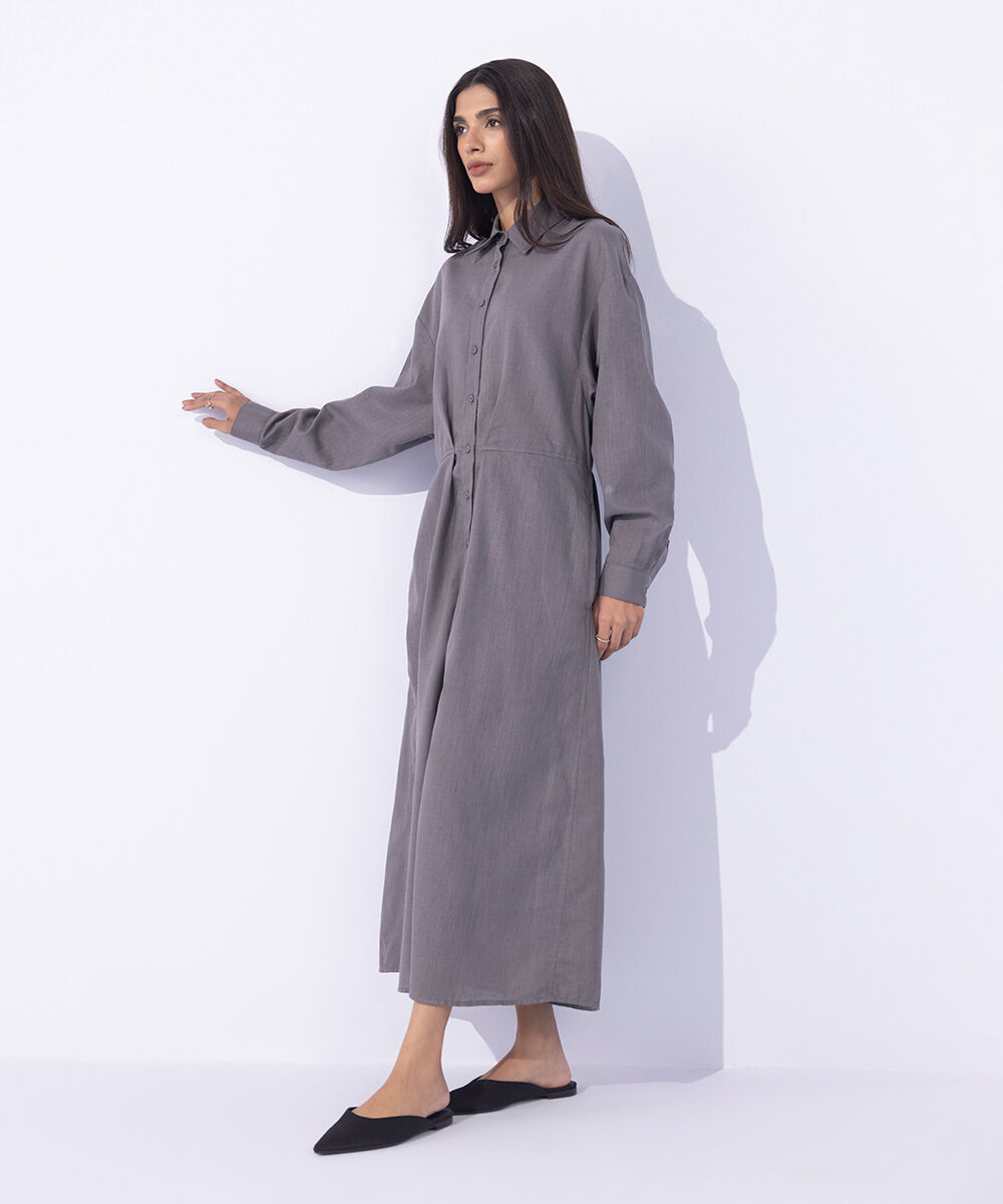Women's Western Wear Grey Button- Through Linen Blend Dress