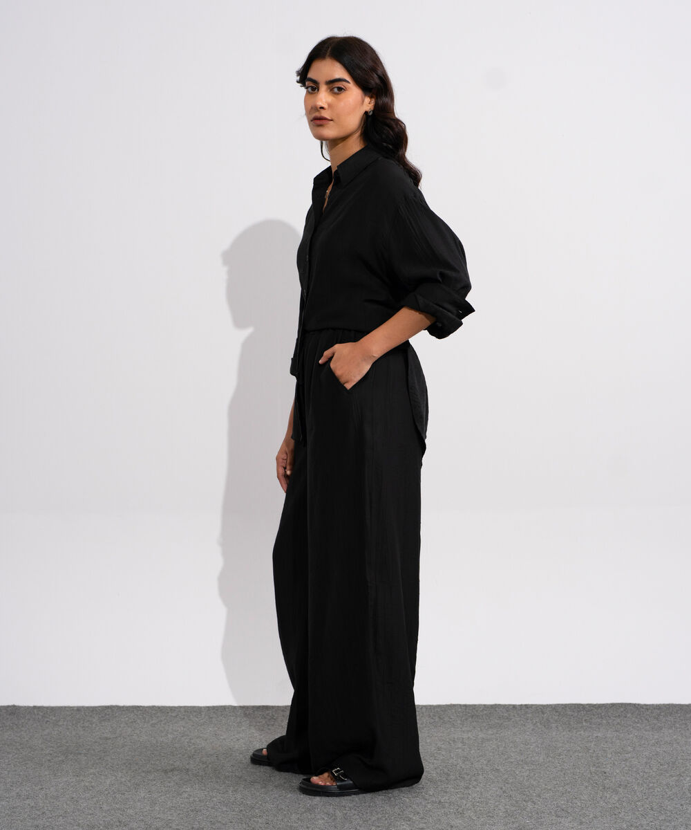 Women's Black Textured Pull-On Trousers
