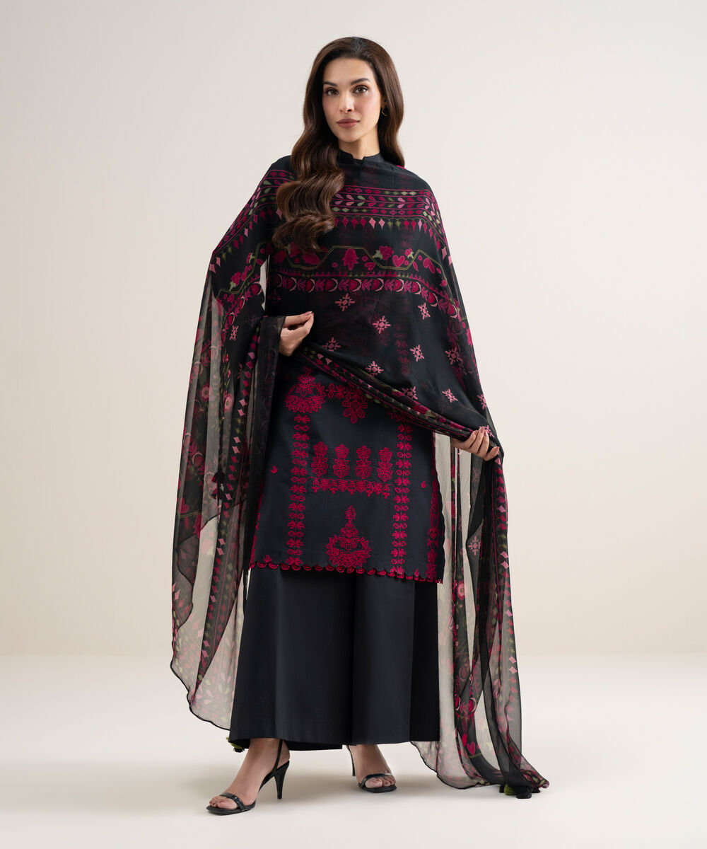 Women's Unstitched Lawn Embroidered Black 3 Piece Suit