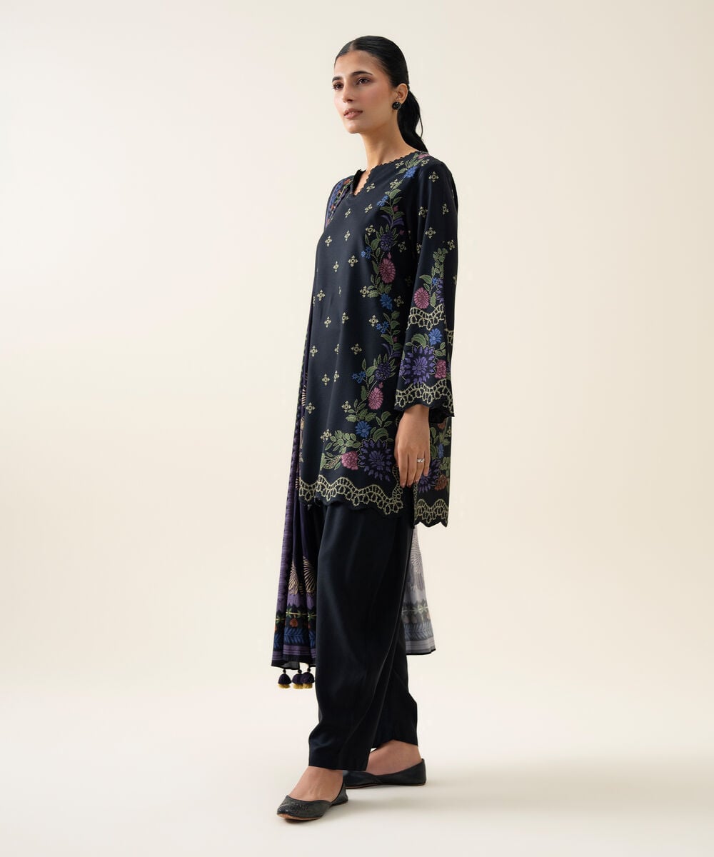 Womens Unstitched Viscose Linen Printed Dark Blue 3 Piece Suit