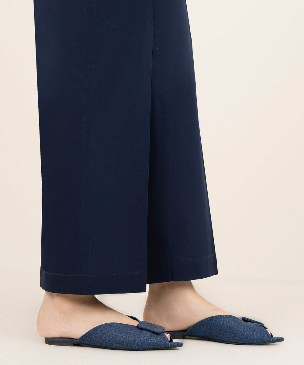 Women's RTW Cambric Solid Blue Straight Pants