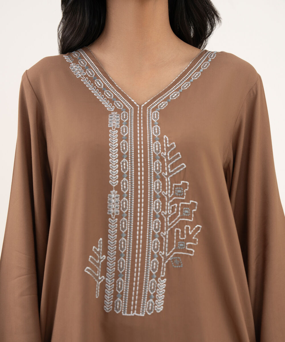 Women's RTW Khaddar Embroidered Straight Brown Shirt