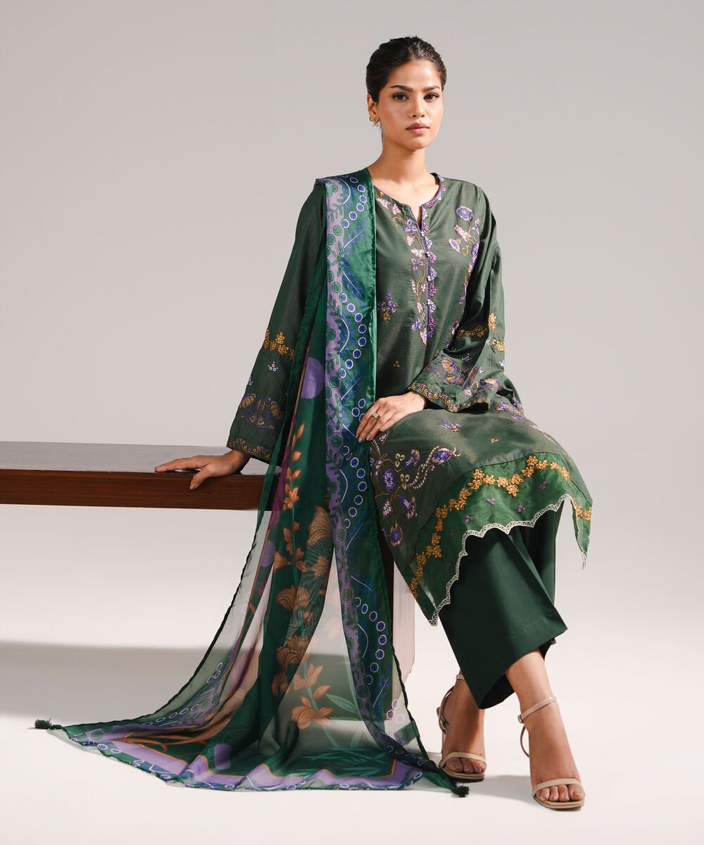 Women's RTW Zari Lawn Embroidered Dark Green 3 Piece Suit