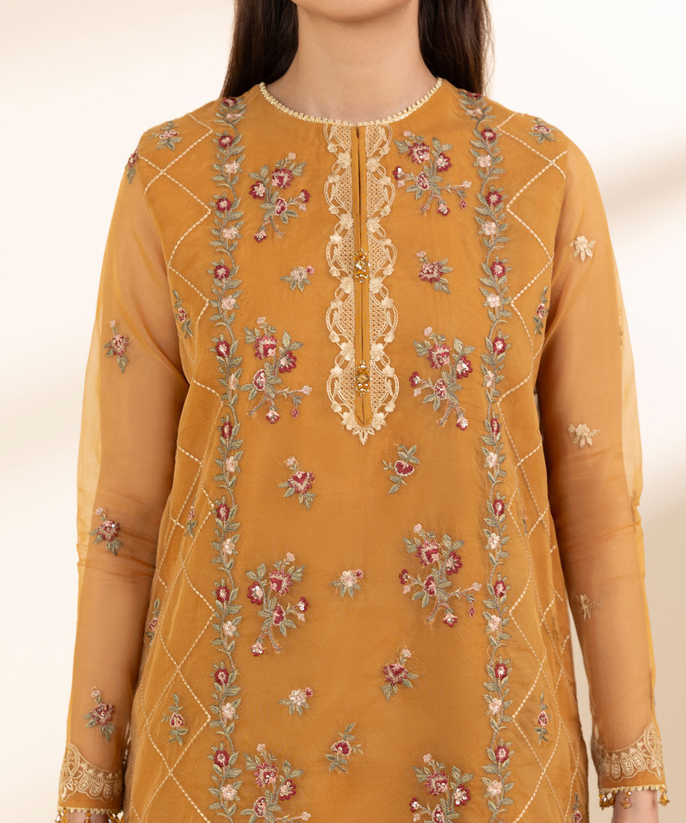 Unstitched Women's Yellow Organza Embroidered 3 Piece Suit