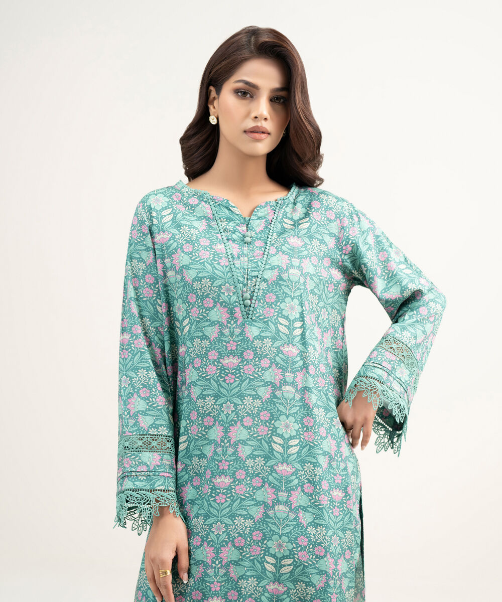 Women's RTW Arabic Lawn Printed Green Straight Shirt