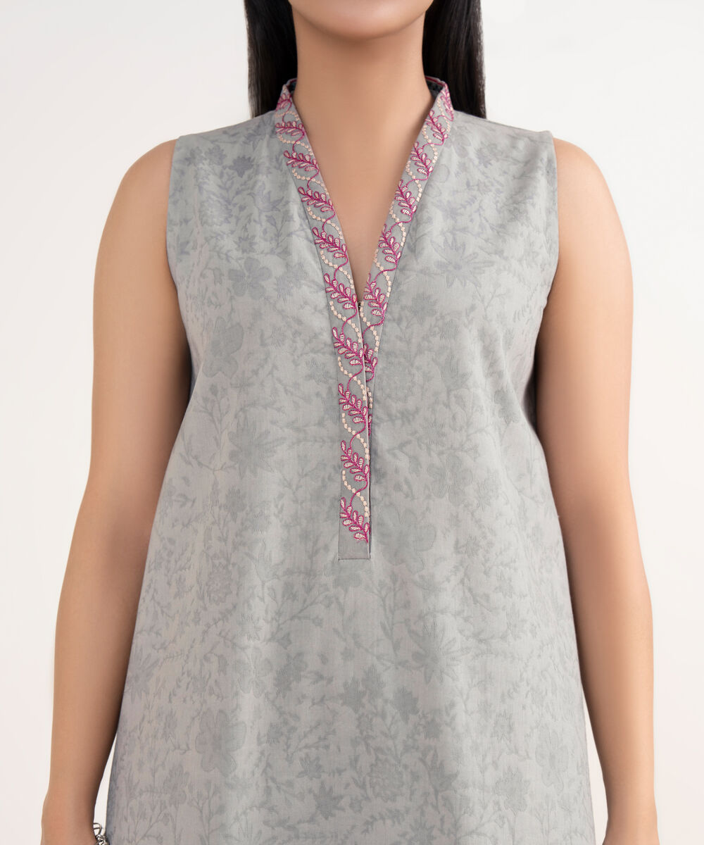 Women's Unstitched Cotton Jacquard Embroidered Grey 3 Piece Suit