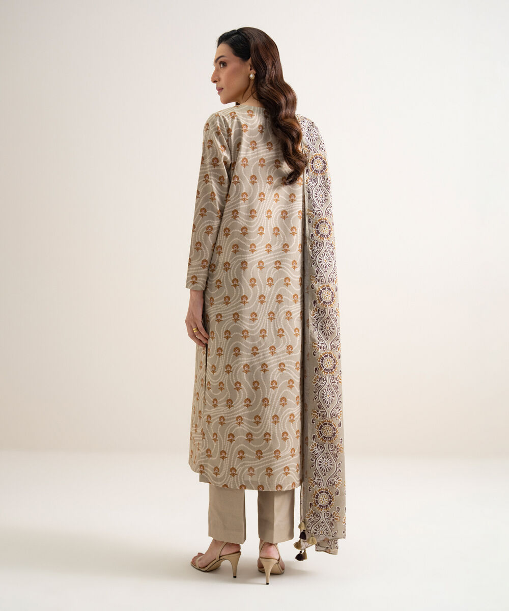 Women's Unstitched Cotton Printed Beige 3 Piece Suit