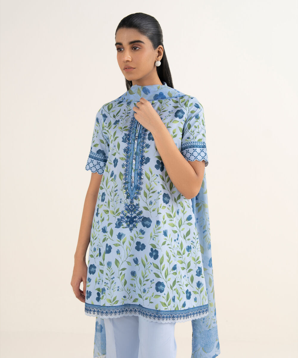 Women's Unstitched Lawn Embroidered Blue 3 Piece Suit