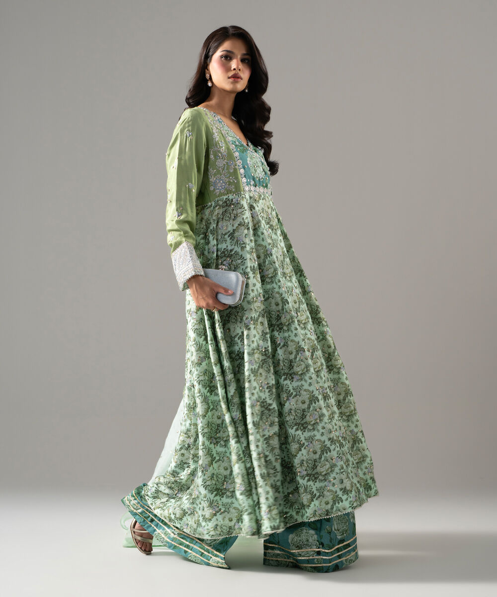 Women's RTW Bright Raw Silk Printed Green 3 Piece Suit