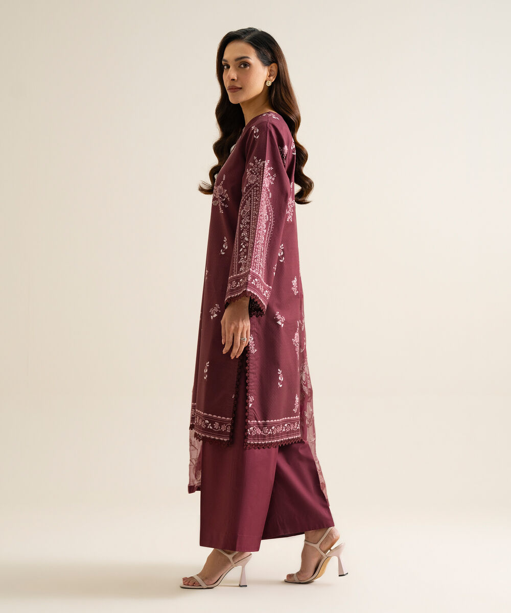 Women's Unstitched Blended Chiffon Printed Maroon 3 Piece Suit