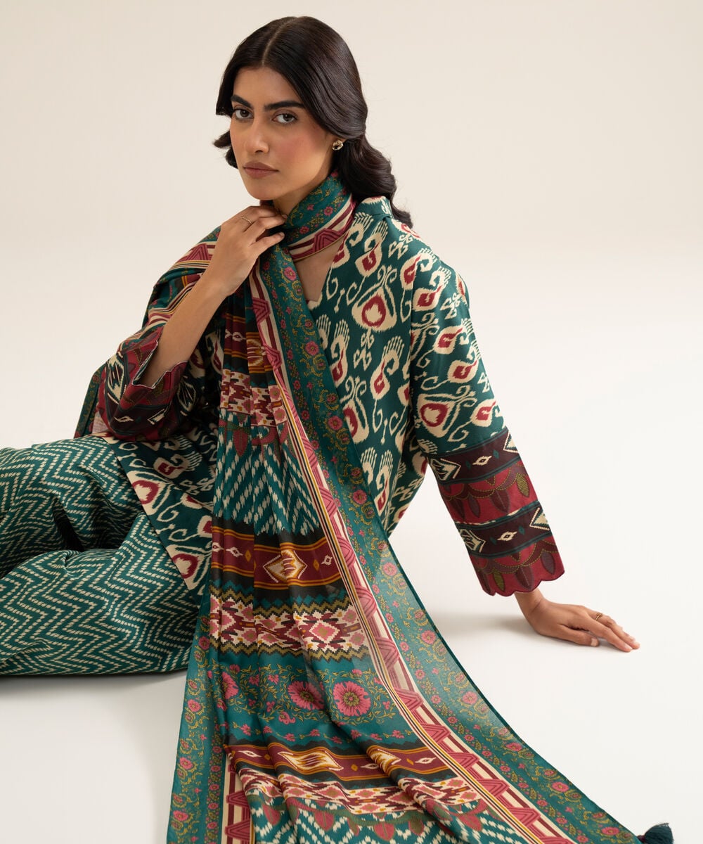 Women's Unstitched Cotton Printed Multi 3 Piece Suit