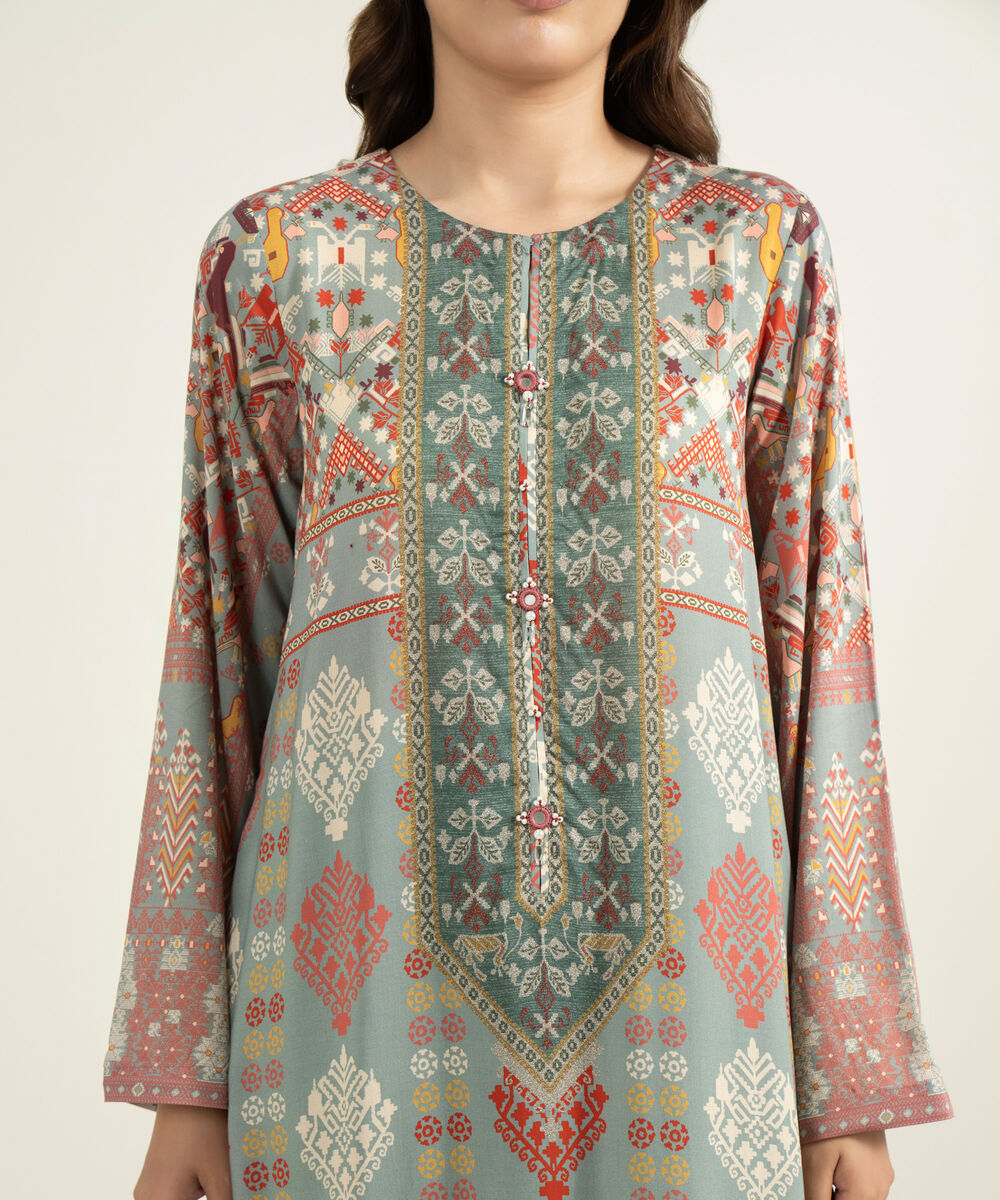 Women's RTW Viscose Raw Silk Printed Grey 3 Piece Suit