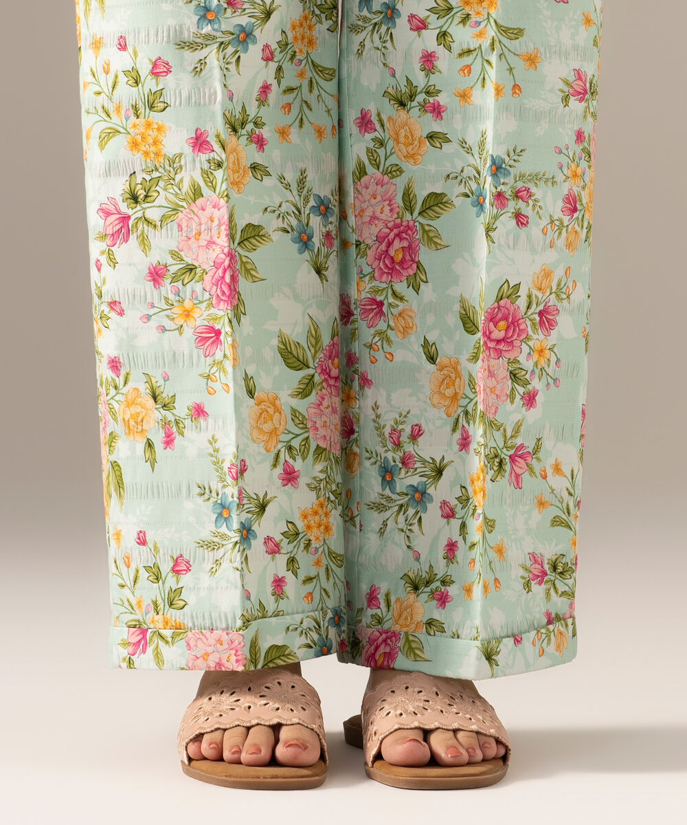 Women's RTW Seersucker Printed Turquoise Straight Pants