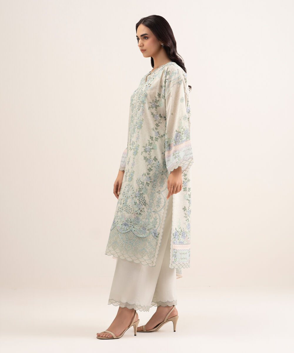 Women's Unstitched Fine Lawn Embroidered Blue 3 Piece Suit