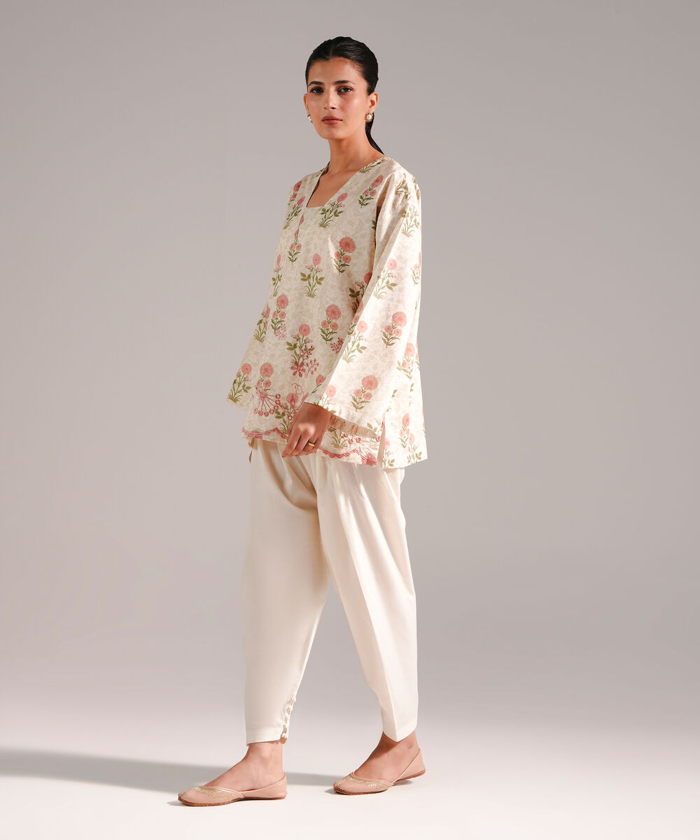 Women's RTW Textured Lawn Embroidered Beige 2 Piece Suit