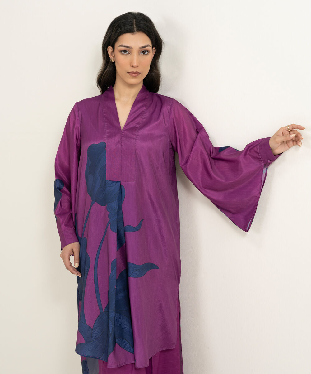 Women's RTW Blended Grip Silk Printed Purple 2 Piece Suit