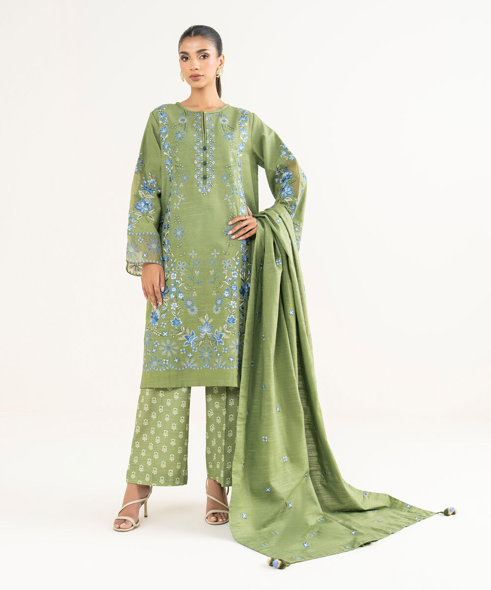 Women's Unstitched Lawn Embroidered Green 3 Piece Suit
