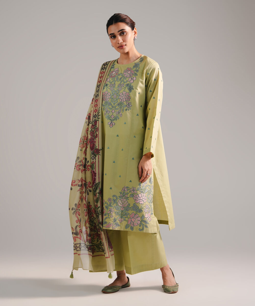 Women's RTW Zari Lawn Embroidered Green 3 Piece Suit