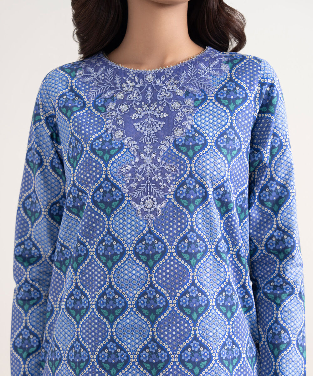 Women's Unstitched Lawn Blue Embroidered 3 Piece Suit