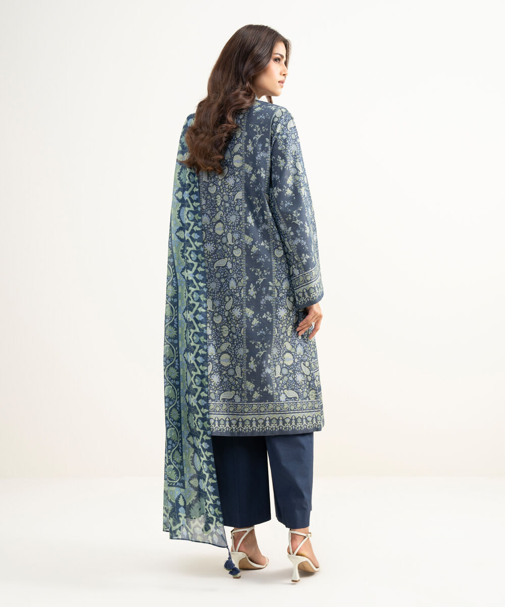 Women's Unstitched Zari Lawn Embroidered Blue 3 Piece Suit