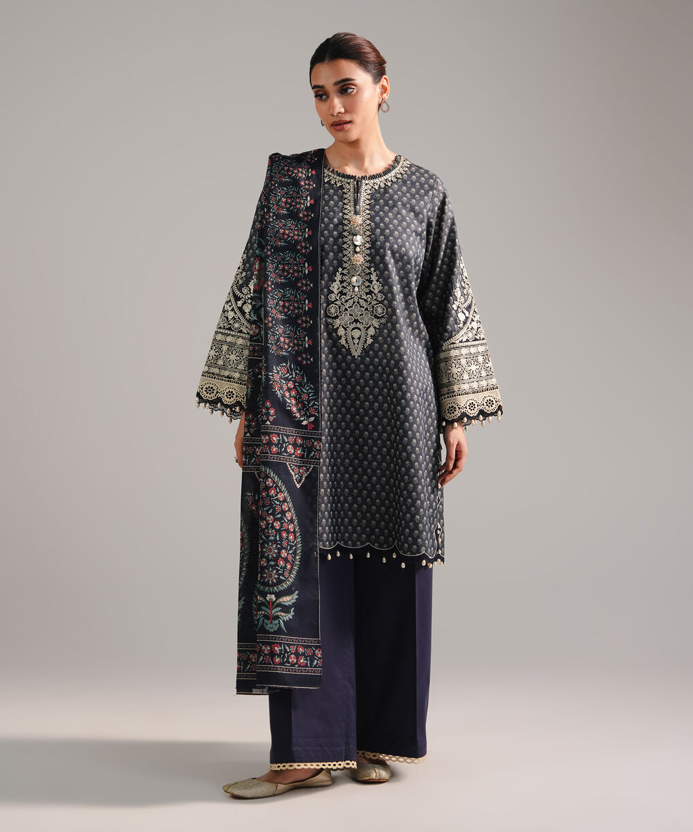 Women's RTW Zari Lawn Embroidered Dark Blue 3 Piece Suit