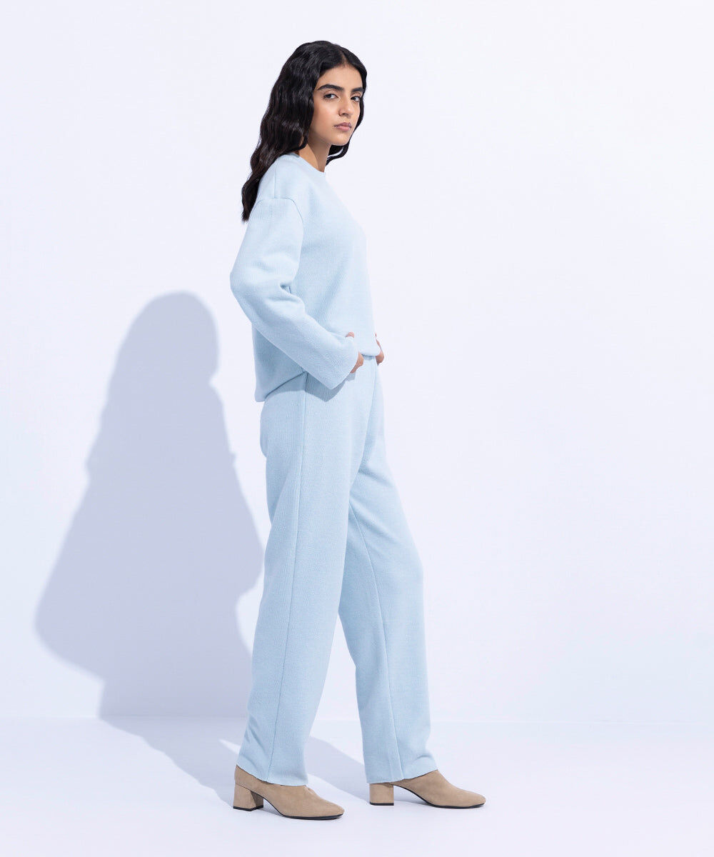 Woman - Blue Ribbed Straight Trousers