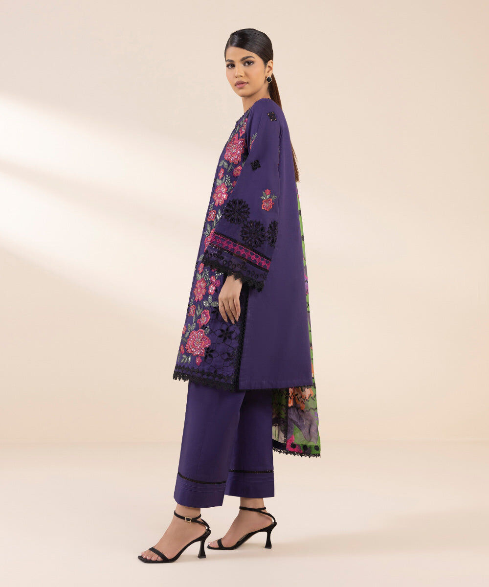 Woman - Purple 3 Piece - Embroidered Cotton Satin Suit
