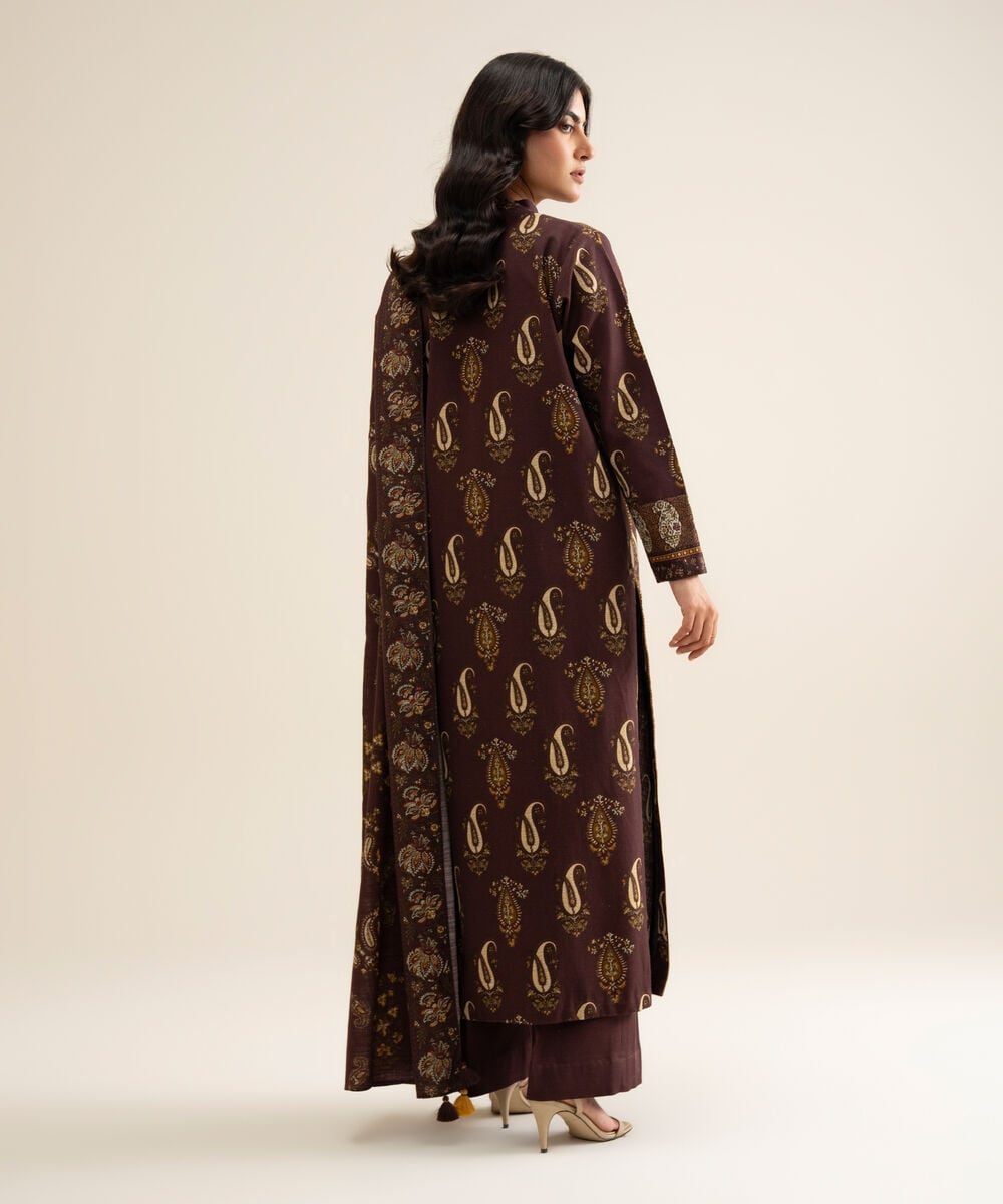 Women's Unstitched Light Khaddar Printed Brown 3 Piece Suit
