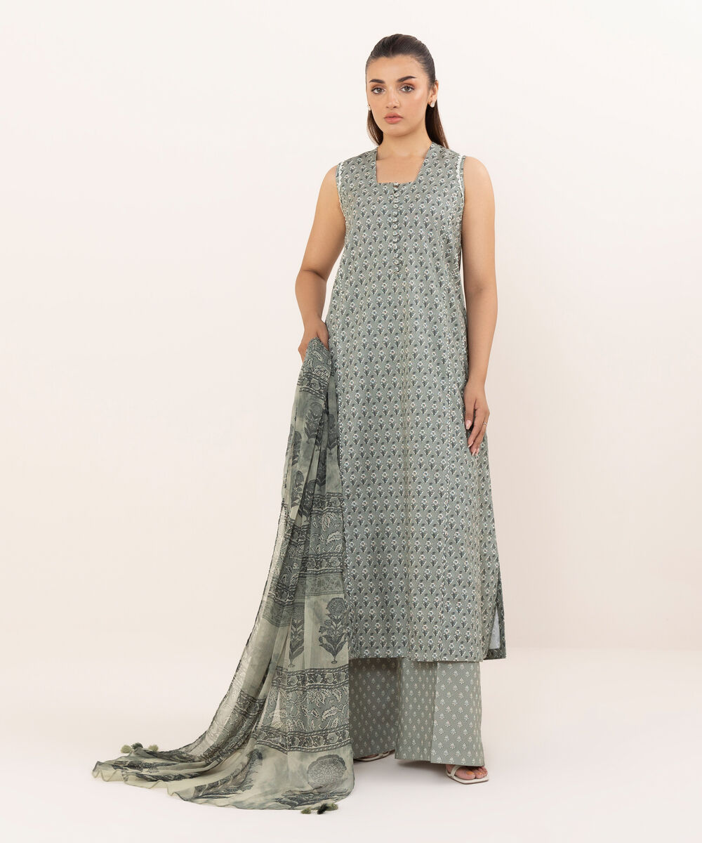 Women's Unstitched Cotton Printed Grey Three Piece Suit