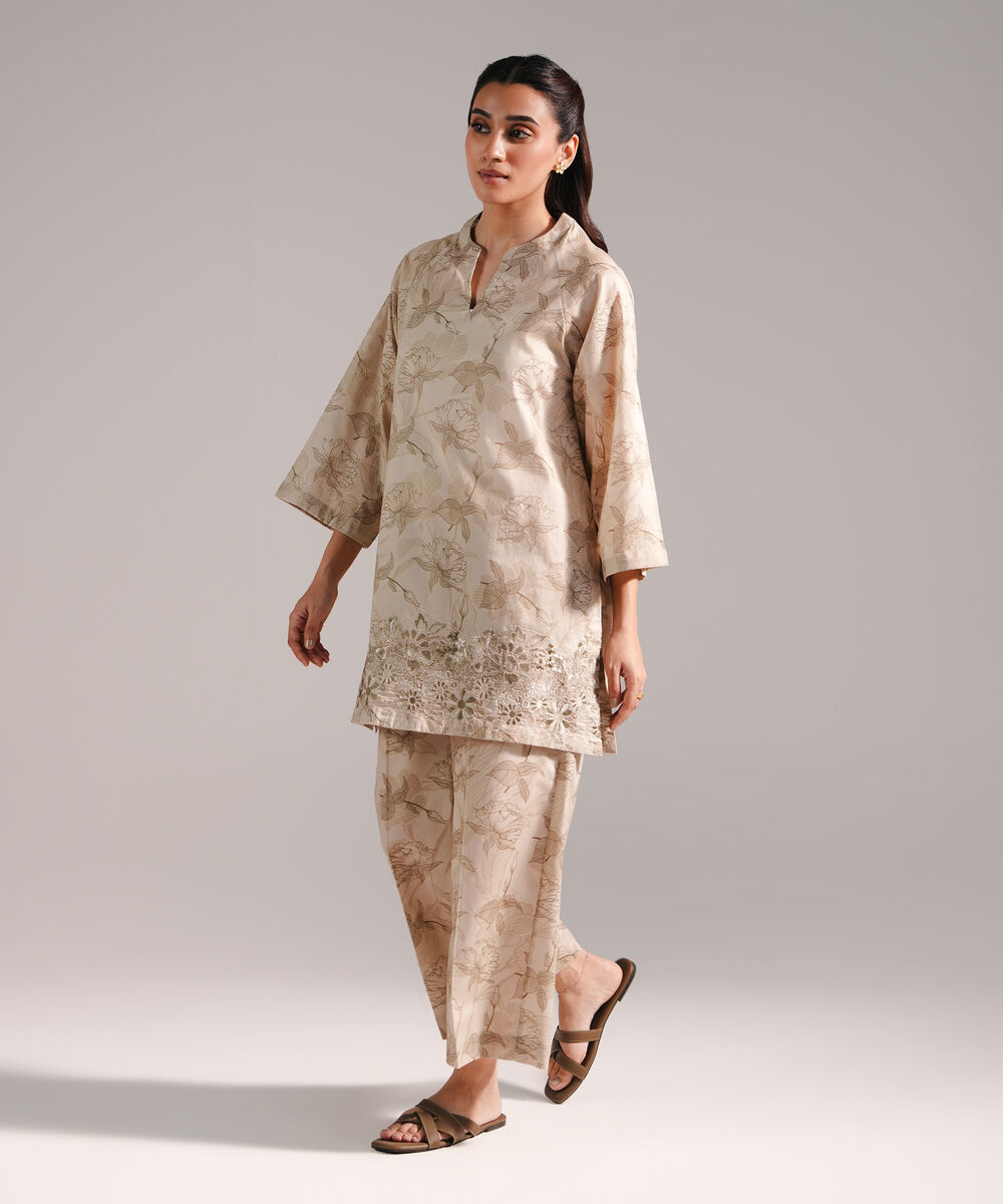 Women's RTW Lawn Embroidered Beige 2 Piece Suit