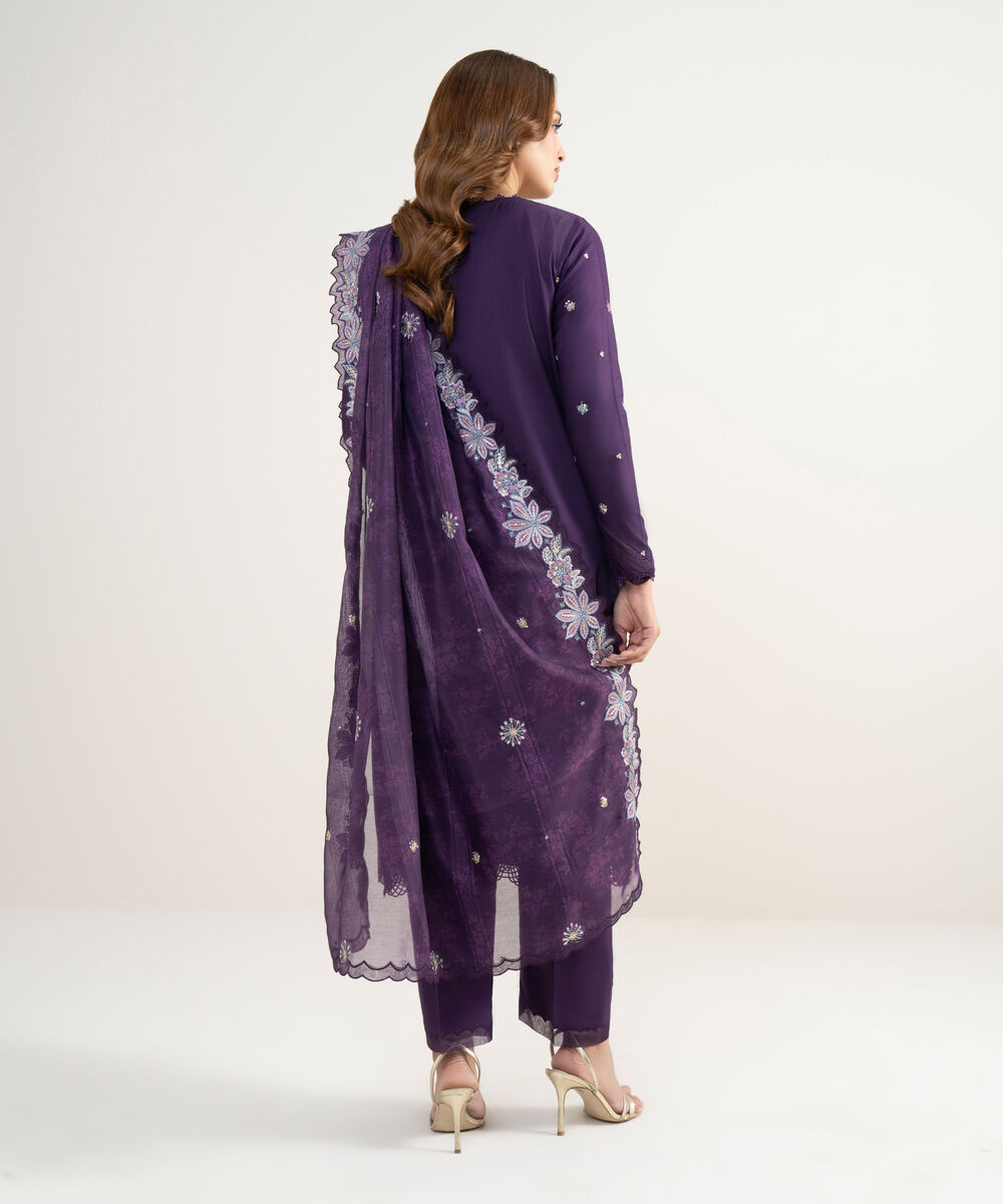 Women's Unstitched Fine Cotton Satin Embroidered Purple 3 Piece Suit