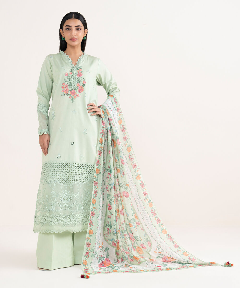 Women's Unstitched Fine Cotton Satin Embroidered Green 3 Piece Suit