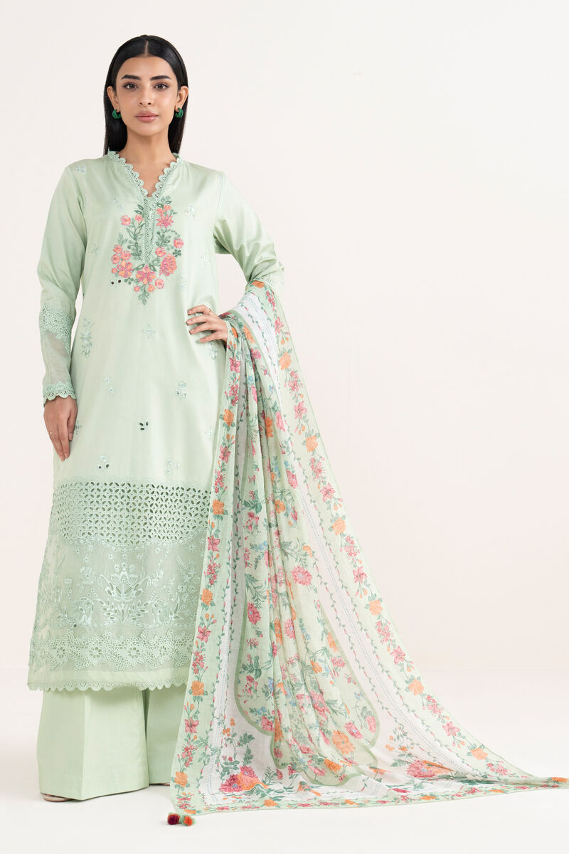 3 Piece -  Embroidered Fine Cotton Satin Suit