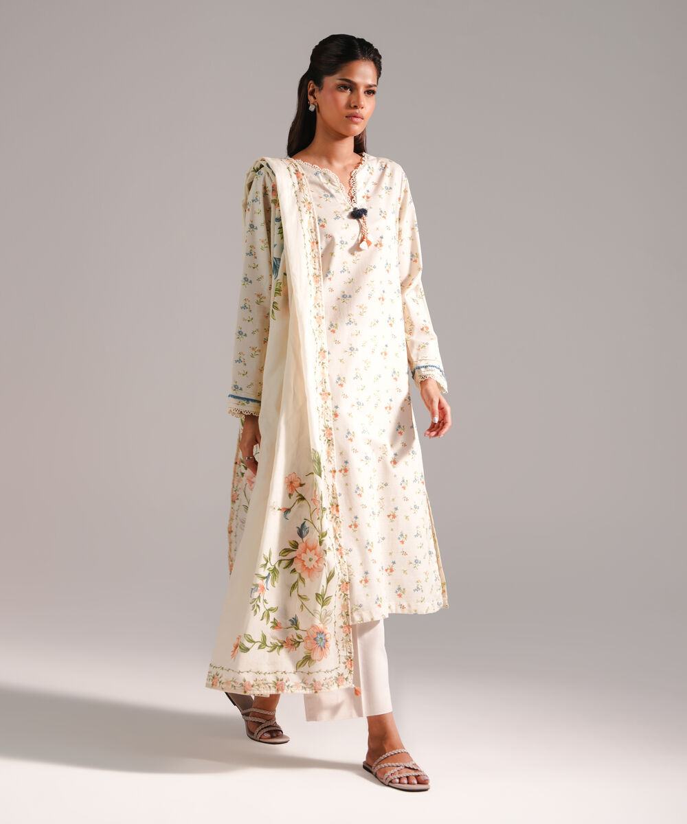 Women's RTW Dobby Printed Off White 2 Piece Suit