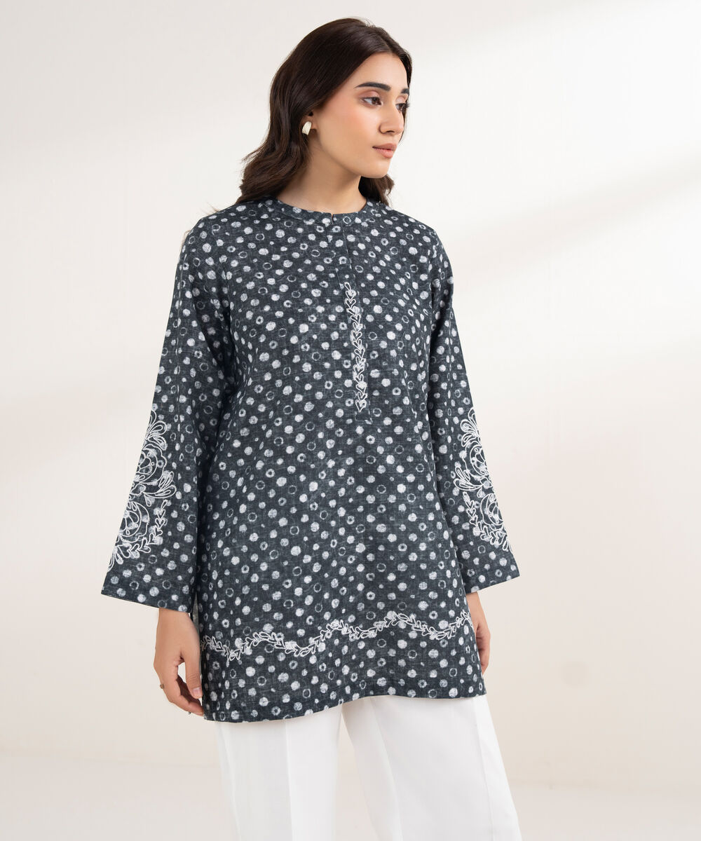Women's RTW Khaddar Embroidered Black Shirt
