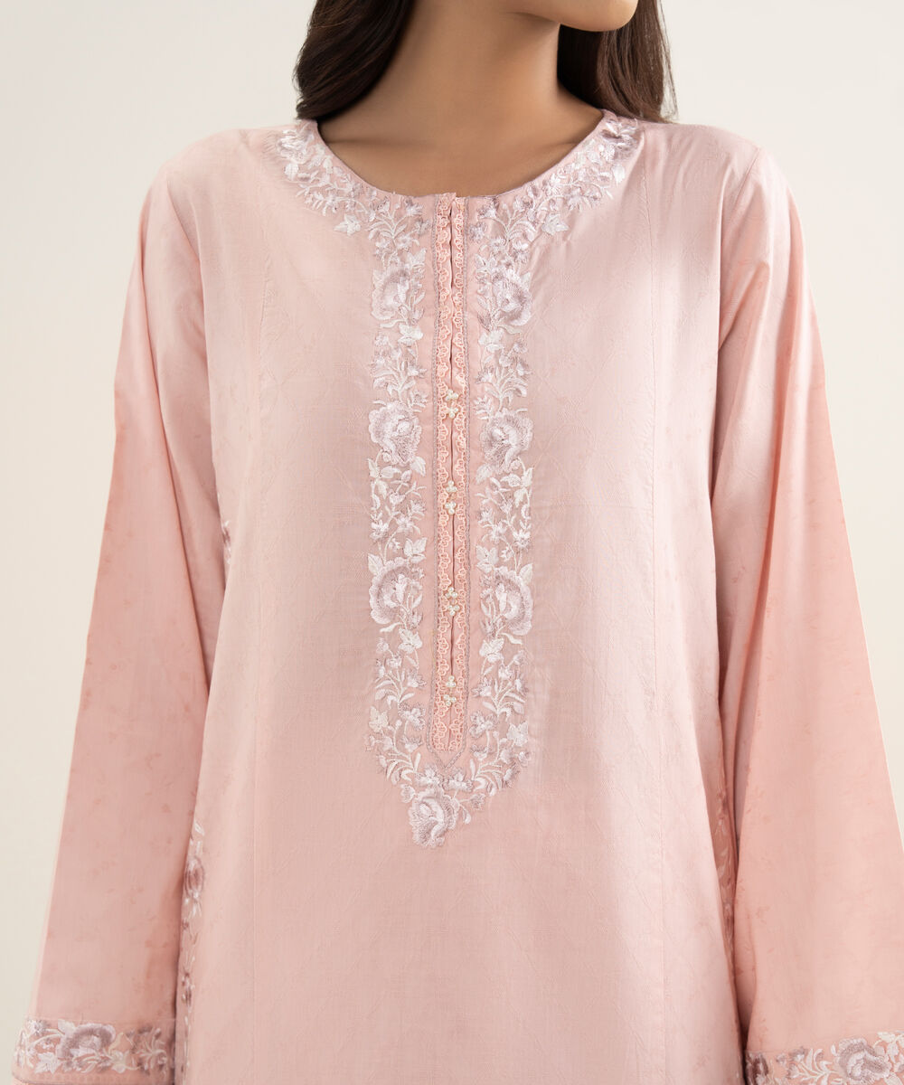 Women's RTW Self Jacquard Embroidered Pink A-Line Shirt