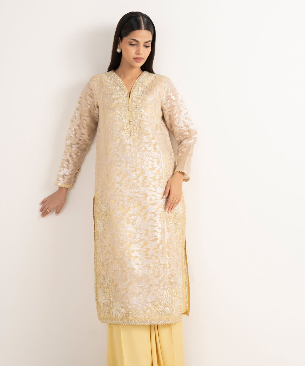 Women's RTW Zari Jacquard Yellow Embroidered 2 Piece Suit
