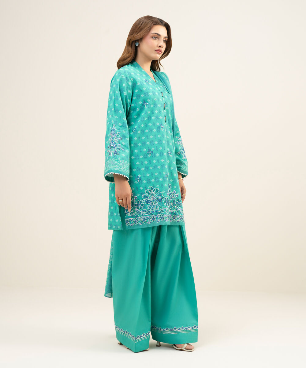 Women's Unstitched Lawn Embroidered Turquoise Green 3 Piece Suit
