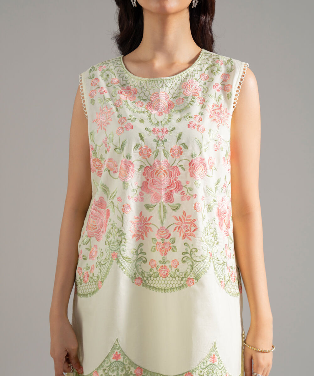 Women's RTW Cambric Solid Embroidered Off White 3 Piece Suit