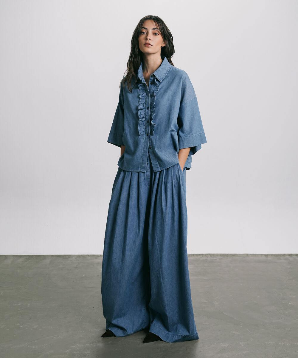 Women's Western Wear Blue Denim Shirt With Neck Frill