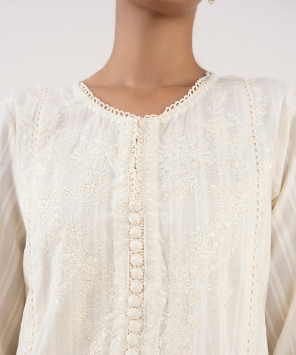 Women's RTW Textured Lawn Off White Embroidered A-Line Shirt