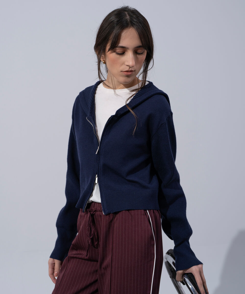 Women's Western Wear Navy Blue Zip-Up Sailor Collar Sweater