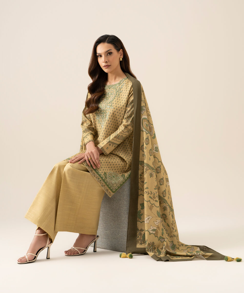 Women's Unstitched Premium Khaddar Embroidered Beige 3 Piece Suit