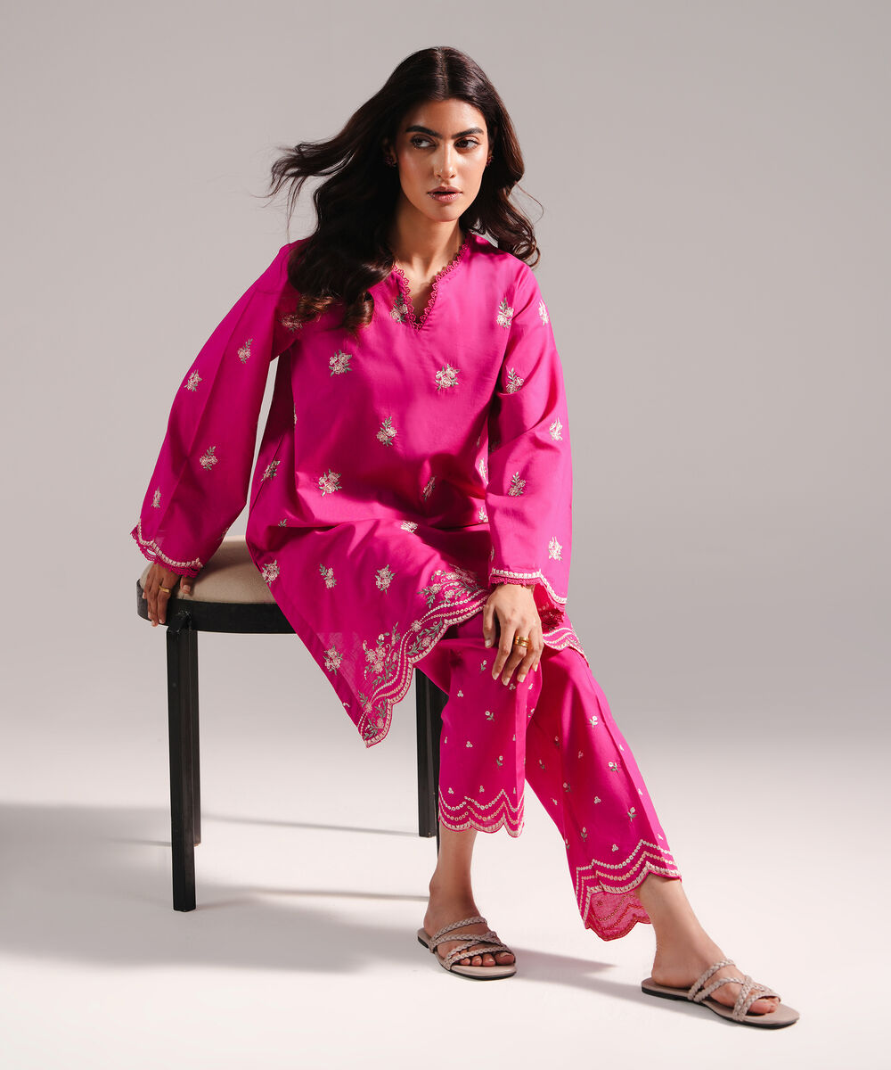 Women's RTW Slub Lawn Embroidered Pink 2 Piece Suit